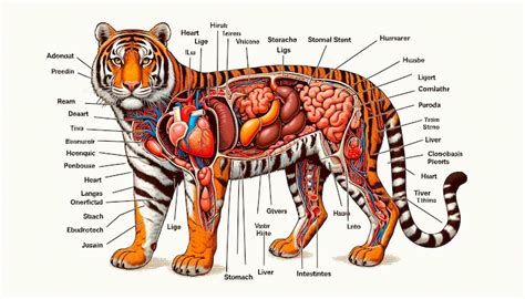 Anatomy of a tigers body with the organs labeled as the heart of the ...