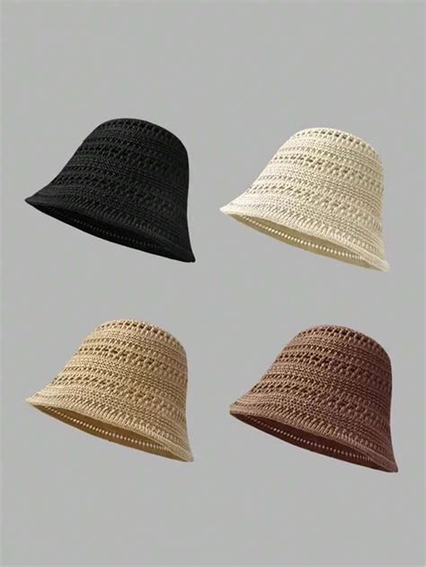 1pc Women's Solid Color Hollow Knit Bucket Hat, Breathable Lightweight ...
