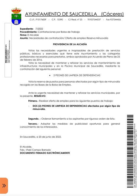 OFERTA DE EMPLEO PEONES DE LIMPIEZA DE DEPENDENCIAS (MINUSVALÍA)