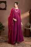 Buy Wine Muslin, Organza, Cotton Embroidery Munga Silk Anarkali Set ...