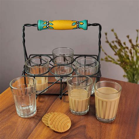 Buy ARTYSTA 'Leaflet Transparent' Cutting Chai Glasses with Stand | Tea ...