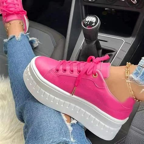 Women's White Platform Lace-Up Sneakers with Chunky Sole - Trendy ...