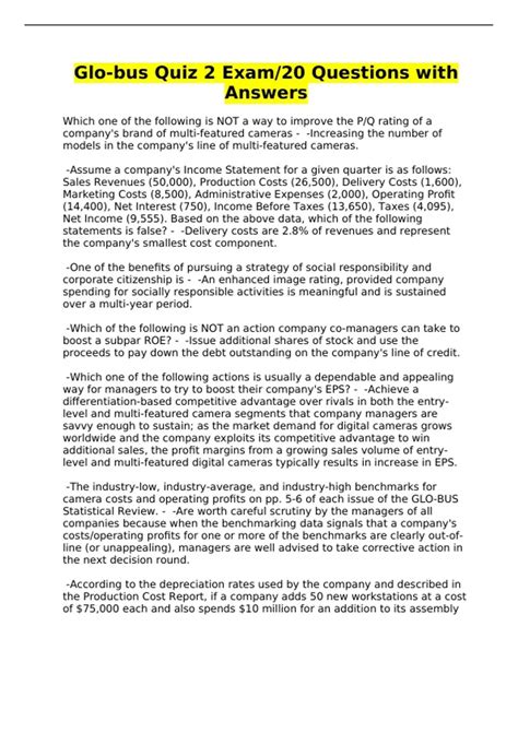 Glo-bus Quiz 2 Exam/20 Questions with Answers - Glo-bus - Stuvia US