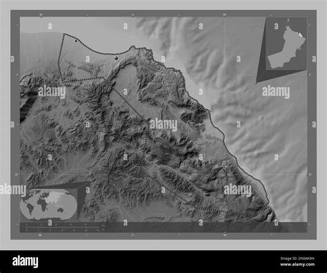 Muscat, province of Oman. Grayscale elevation map with lakes and rivers. Locations of major ...