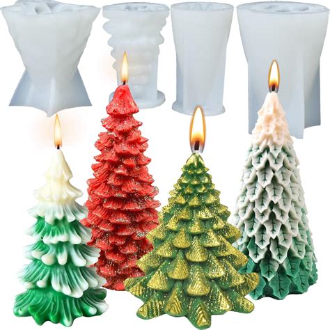 MEIXINZHI 4 Pcs Candle Mold, 3D Christmas Tree Silicone Candle Molds ...