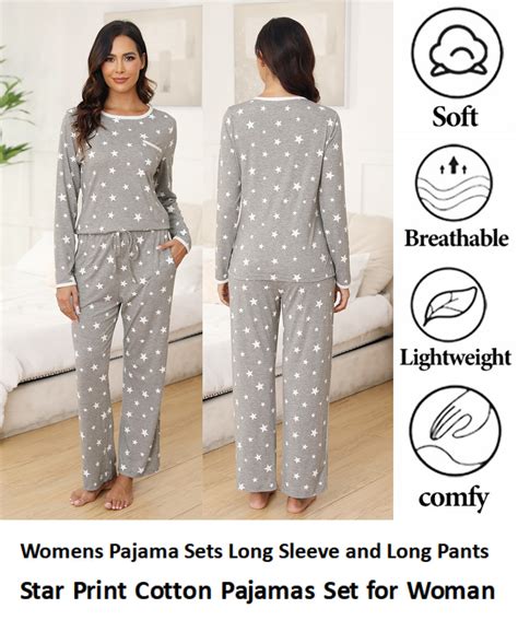 Womens Cotton Pajama Sets with Long Sleeves and Long Pants 2pcs Round ...