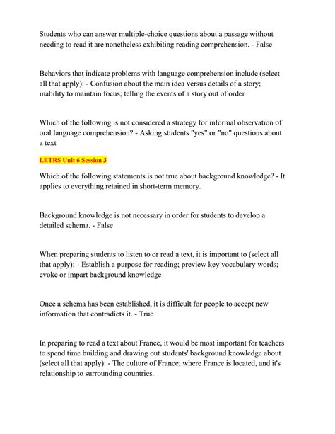 SOLUTION: Letrs unit 6 assessment all sessions 1 6 comprehension ...