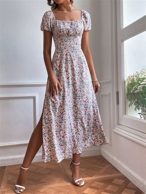 Floral Print Split Thigh Ruched Bust Dress | Floral dress outfit summer ...
