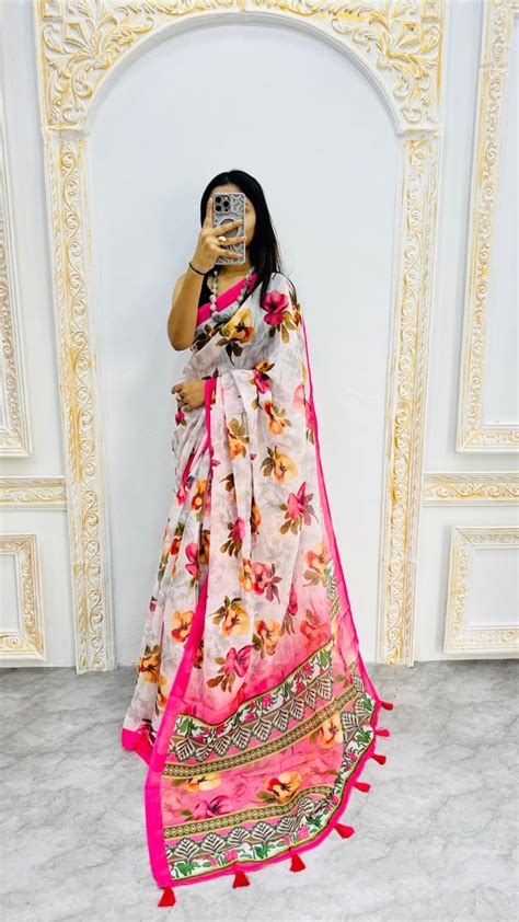 Luxury Ivory Linen Saree with Multicolor Floral Prints & Vibrant Pink ...