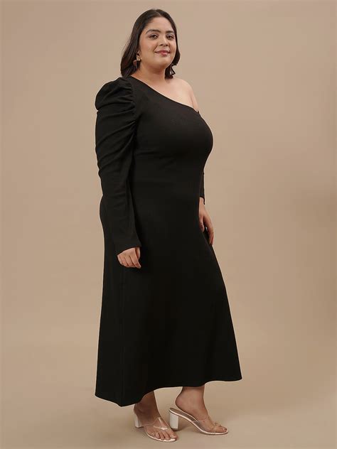 Women Plus Size Black One Shoulder Dress