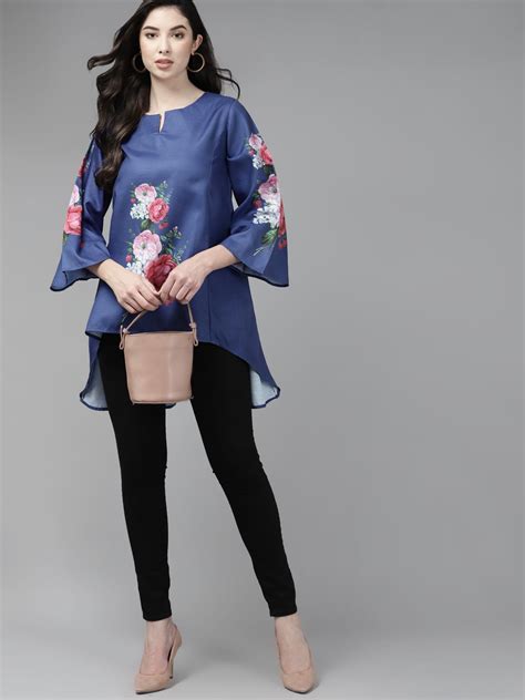 Shop Bhama Couture Blue & Pink Printed High-Low Tunic Online