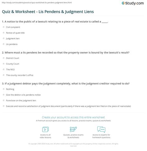 Quiz & Worksheet - Lis Pendens & Judgment Liens | Study.com