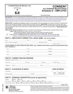 Fillable Online CONSENT to a Criminal Record Check Schedule A EMPLOYEE ...