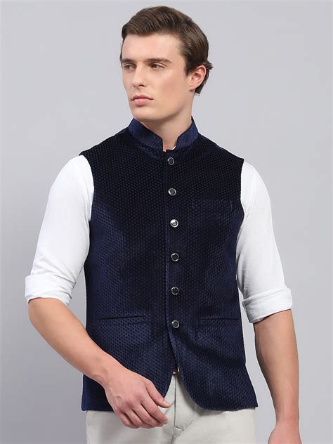 Buy Men Navy Blue Self Design Band Collar Sleeveless Coat Online in ...