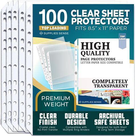 Supplies Sense Sheet Protectors for 3 Ring Binder - 100 Premium Clear ...