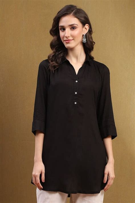 Black Solid Shirt Collar Straight Short Kurti at Biba India