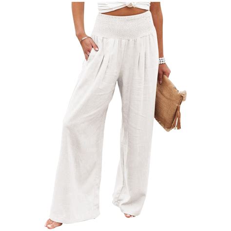 Qcmgmg Plus Size Lounge Pants with Pockets Long Cotton Linen Flowy ...