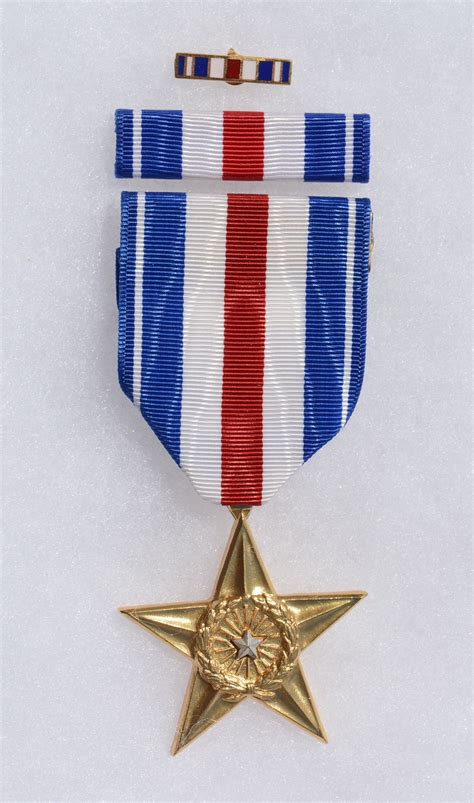Front view of the full size U.S. Silver Star medal, a gold five-pointed ...