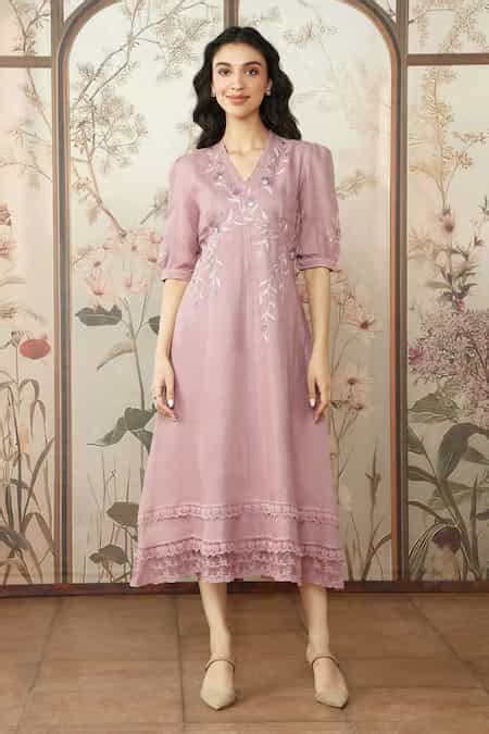 Buy Pink 100% Linen Embroidered Viners V Neck Dahlia Dia Midi Dress For ...