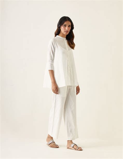 Shop White Cotton A-Line Shirt, Pants & Multicolored Chanderi Scarf ...