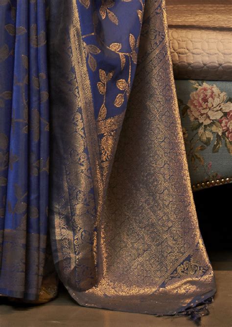 NAVY BLUE ZARI WOVEN TWO TONE BANARASI CHINON SILK SAREE ...