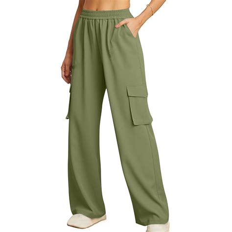 QUINDOS High Waisted Women's Cargo Pants Green Wide Leg Full Length ...