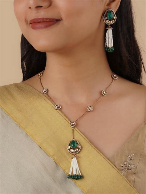 Green Color Gold Plated Faux Polki Necklace Set - PK-S138GR – Mortantra