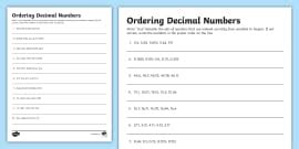 Ordering Decimals Up to 3 Places Worksheet - KS2 Resource