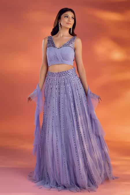 Buy Blue Net Embroidery, Beads V-neck Prue Crystal Embellished Lehenga ...