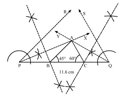 Construct a ∆ABC whose perimeter is 11.6 cm and the base angles are 45 ...