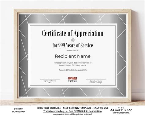 5 Years of Service EDITABLE Certificate of Appreciation - Etsy India