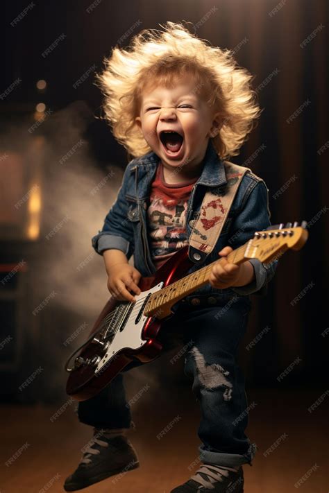Premium Photo | Little kid rock star playing electronic guitar on stage ...