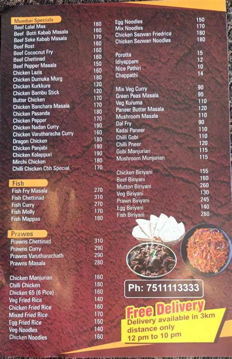 Menu at Ceylon Bake House, Kochi, Monastry Road