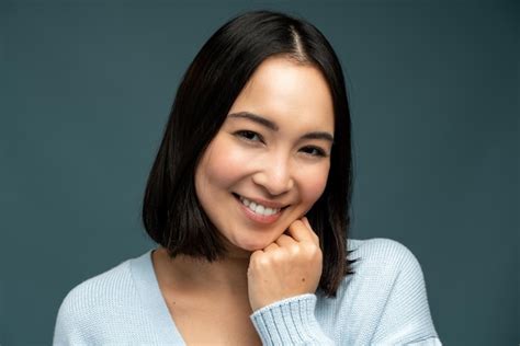 Portrait of authentic happy asian woman without makeup, smiling at ...