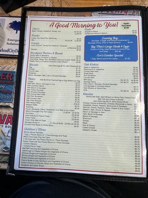 Menu at Cox Family Restaurant, Morehead City