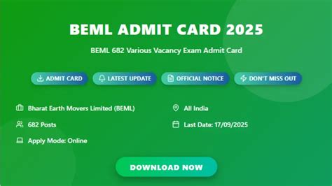 BEML 682 Various Vacancy Exam Admit Card 2025