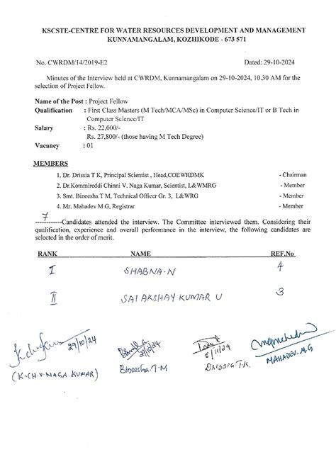 Rank list of the interview held at CWRDM Kunnamangalam on 29.10.2024 10 ...