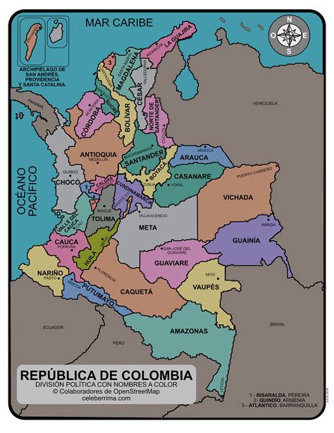 Mapa de Colombia con sus departamentos y capitales para colorear - Celebérrima.com