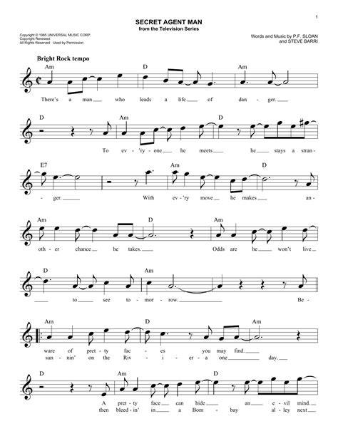 Secret Agent Man by Johnny Rivers Sheet Music for Easy Lead Sheet ...