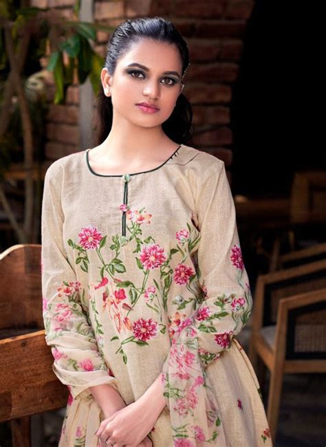 Cotton Linen Printed Off-White Dress Materials with Chiffon Dupatta ...