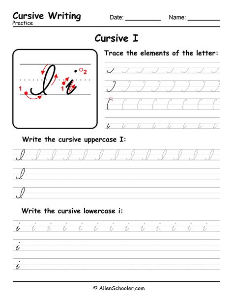 Cursive Writing: Letter I - Free Printable Worksheet PDF | Alien Schooler