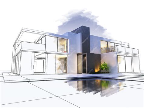 3d rendering of a luxurious villa contrasting with a technical draft ...