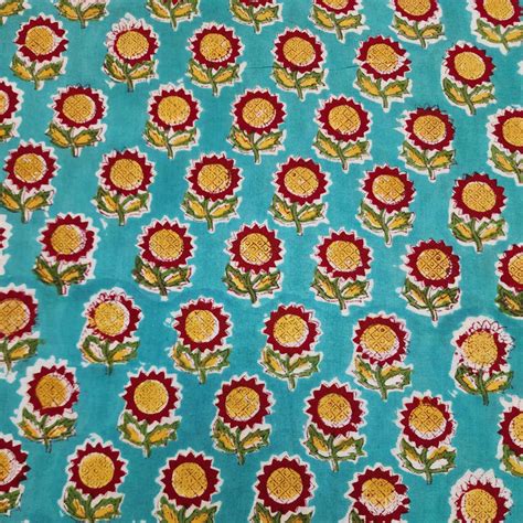 Pre Cut (1.25 Meter) Pure Cotton Jaipuri Blue With Red Yellow Sunflowe ...