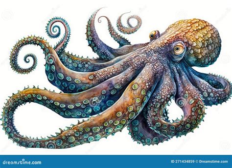 Octopus Watercolor, Close Up Predator Animals Wildlife. Ultra High Resolution, Isolated on White ...