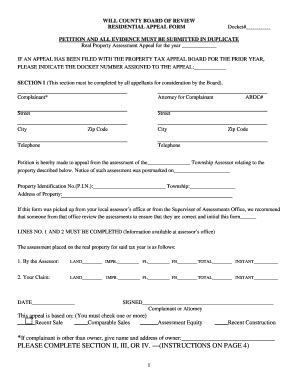 Residential Appeal Form - Will County Supervisor Of Assessments - Fill ...