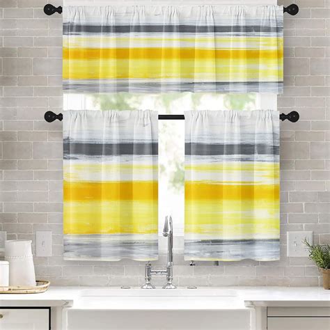 Yellow Grey White Kitchen Curtains Stripes Window Curtains Valance and ...