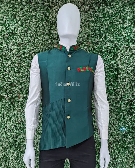 Green Embroidery Design Silk Half Bandi Jacket for Men – IndianVillèz