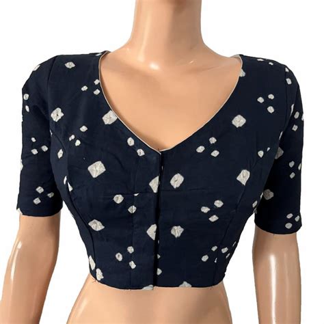 Bandhani Cotton V neck Blouse with Lining, Navy Blue, BP1201 – Scarlet ...