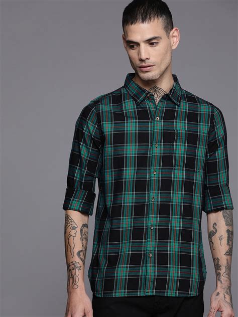 WROGN Men Green And Black Slim Fit Checked Pure Cotton Casual Shirt ...