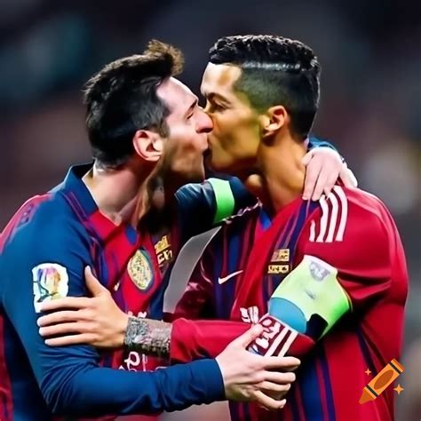 Messi and cristiano ronaldo sharing a kiss on Craiyon